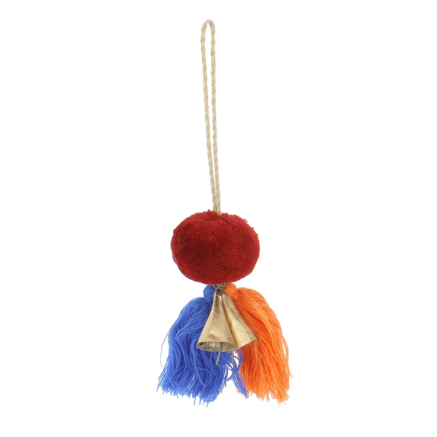 Bright Red Pompom with 2 Tassels and Bells (Blue/Orange)