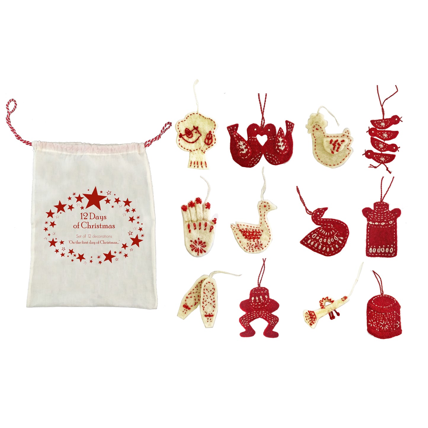 The 12 Days of Christmas Hanging Decorations - Set of 12 in a bag