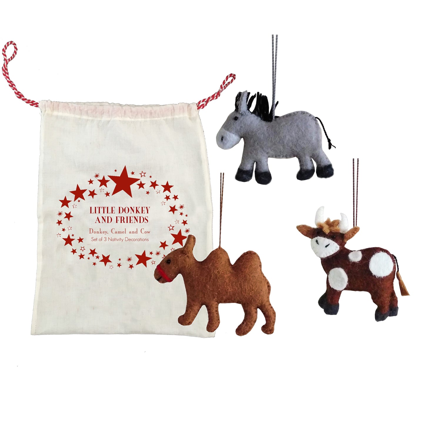 Nativity  Decoration Set - Donkey, Camel and Cow - Set of 3 in Bag