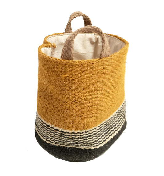 Jute Storage Basket - Mustard with White and Black Stripes