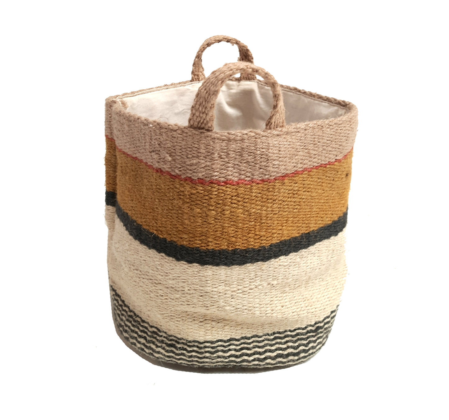 Jute Storage Basket - Mustard and White with Black Stripes