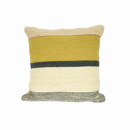Jute Square Cushion - Mustard, Cream & Black Stripe