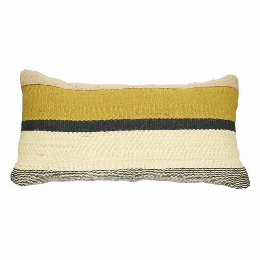 Jute Rectangle Cushion -  Mustard, Cream & Black Stripes