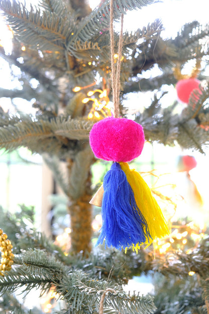 Bright Fuchsia Pompom with 2 Tassels and Bells (Lime/Blue)