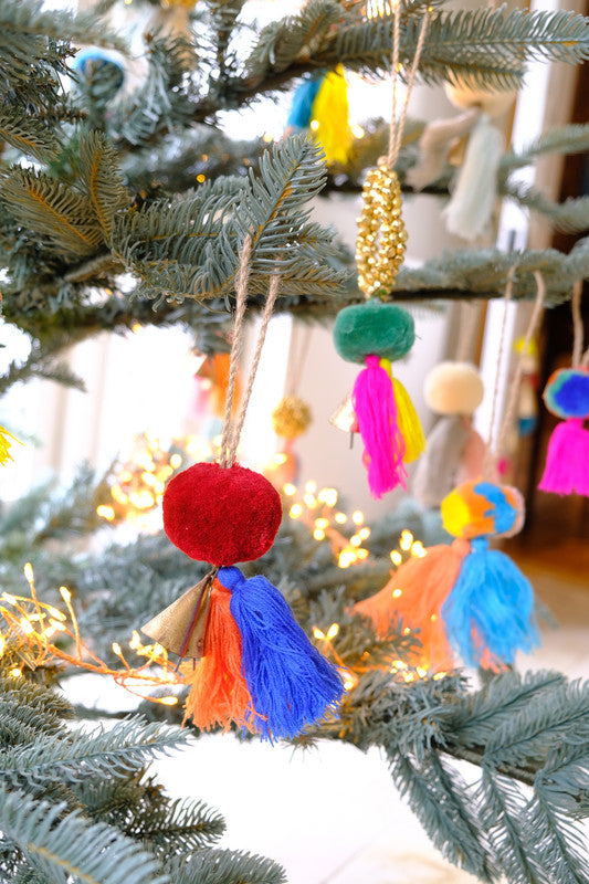 Bright Red Pompom with 2 Tassels and Bells (Blue/Orange)