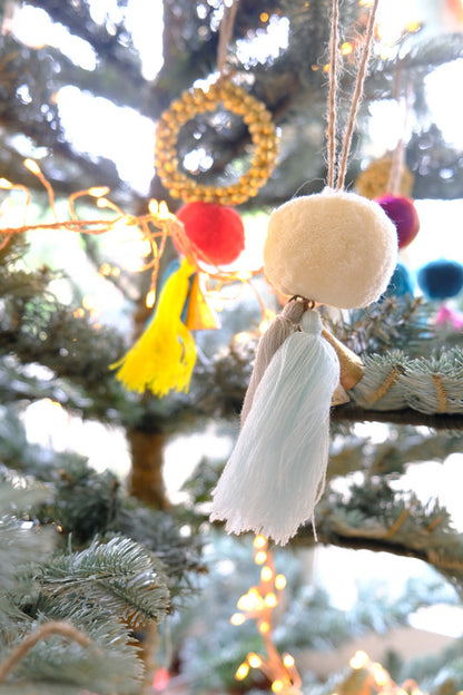 Cream Pompom with 2 Pastel Tassels and Bells - Grey/Blue