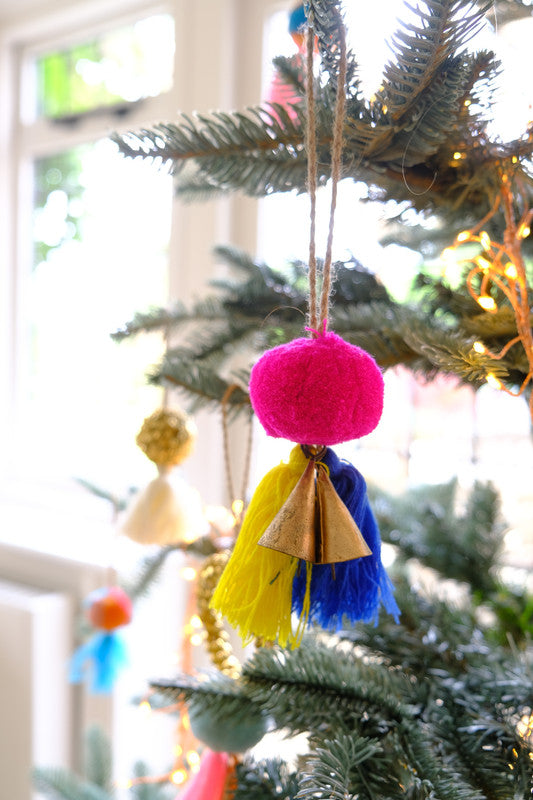 Bright Fuchsia Pompom with 2 Tassels and Bells (Lime/Blue)