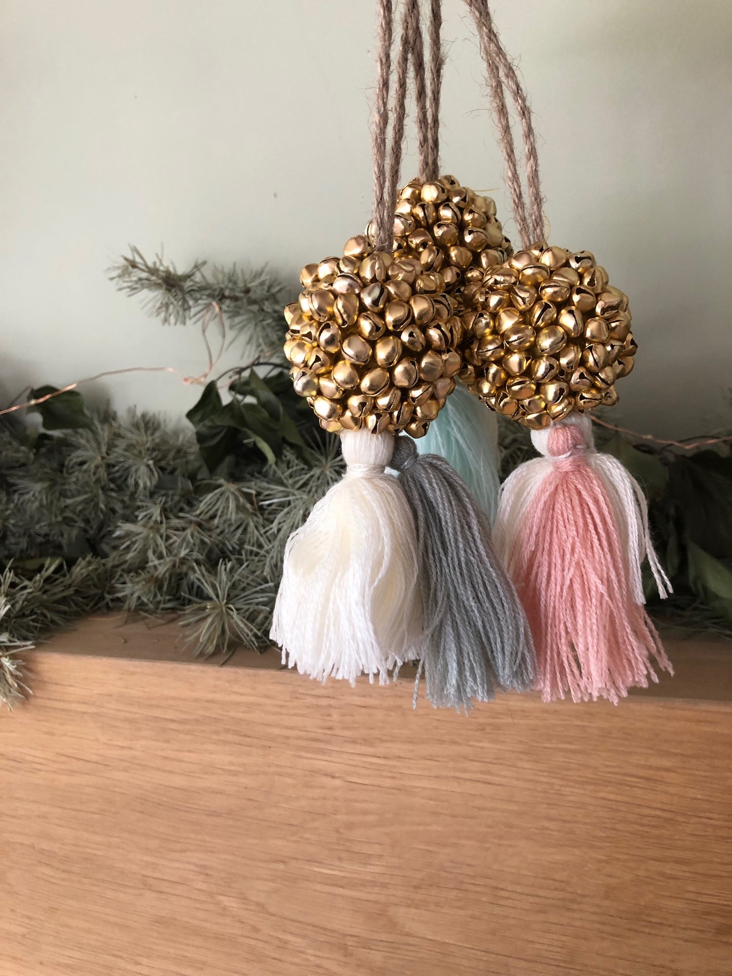 Pastel Mini Gold Bell Bauble with Cream and Blue Tassel