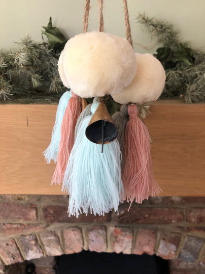 Cream Pompom with 2 Pastel Tassels and Bells - Grey/Blue