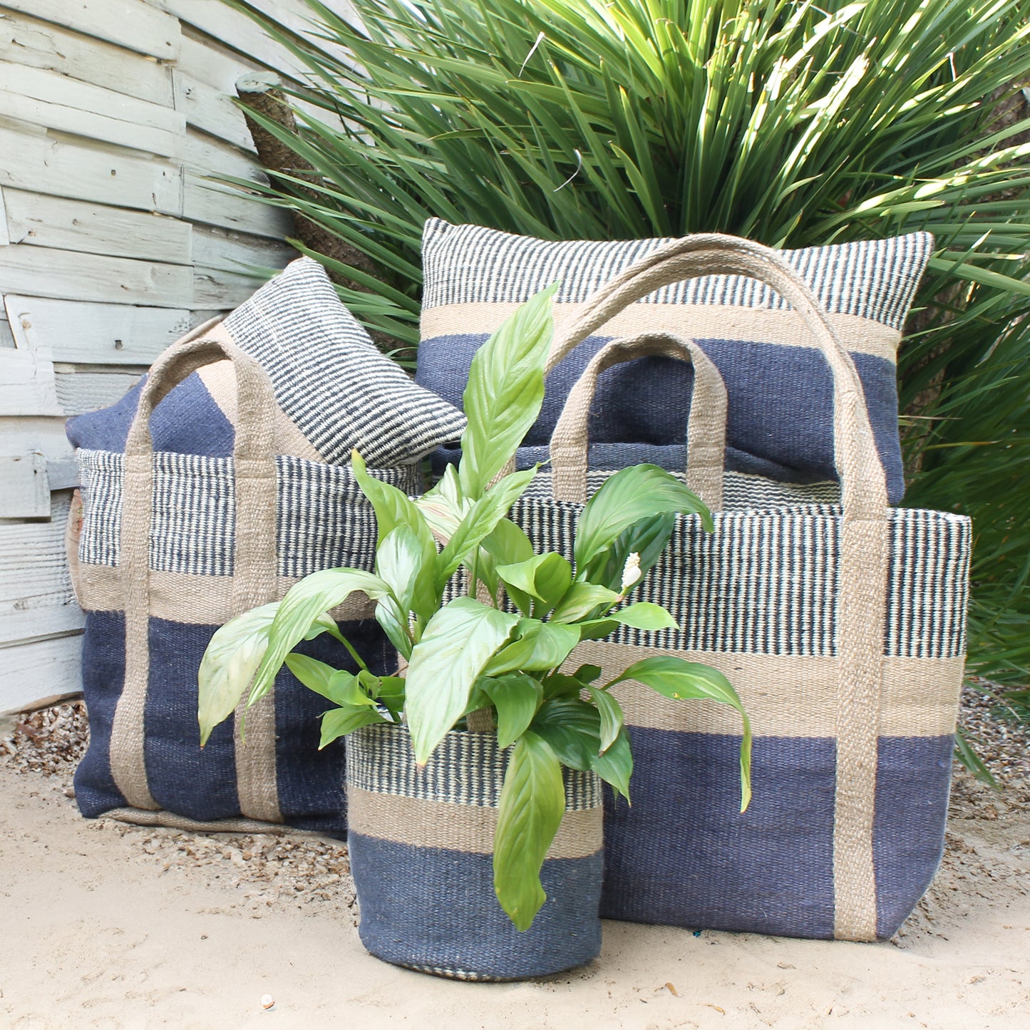 Jute Storage Bag - French Navy and Natural Stripe