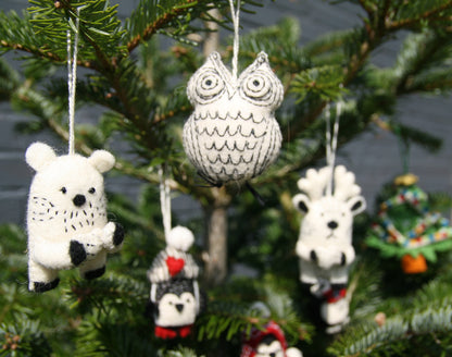 White with Black Stitch Owl Hanging Decorations - Set of 3