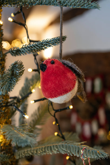 Velvet Hanging Christmas Robin - Small